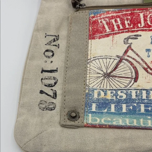 Clea Ray Canvas Satchel Recycled Military Tent with Bicycle Print NWT - Picture 5 of 14